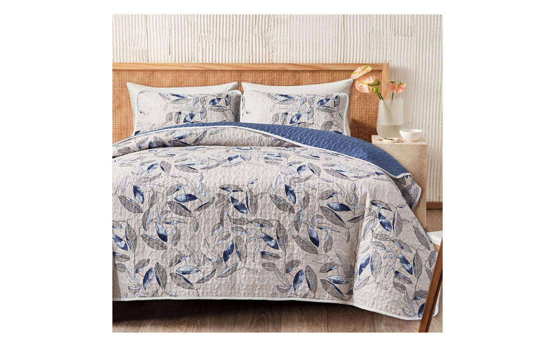 Joyreap 2 Pieces Microfiber Quilt Set, Botanical Blue Leaves on Light Gray Reversible Design, Bedspread Bed Cover for All Season, 1 Quilt and 1 Pillow Sham...