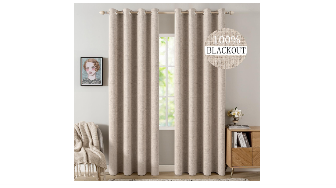 MIULEE 100% Blackout Linen Textured Curtains for Bedroom Solid Thermal Insulated Natural Beige Grommet Room Darkening Curtains & Drapes Luxury Decor for...