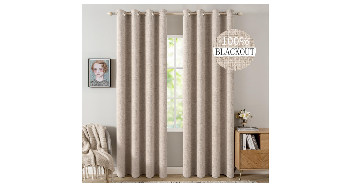 MIULEE 100% Blackout Linen Textured Curtains for Bedroom Solid Thermal Insulated Natural Beige Grommet Room Darkening Curtains & Drapes Luxury Decor for...