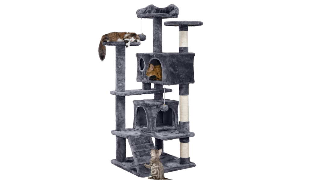 Yaheetech 54in Cat Tree, Multi-Level Cat Tower with Spacious Kitten-ear Perch, 2 Cozy Caves, Scratching Posts, Climbing Ladder, 2 Plush Balls, Durable Pet... 