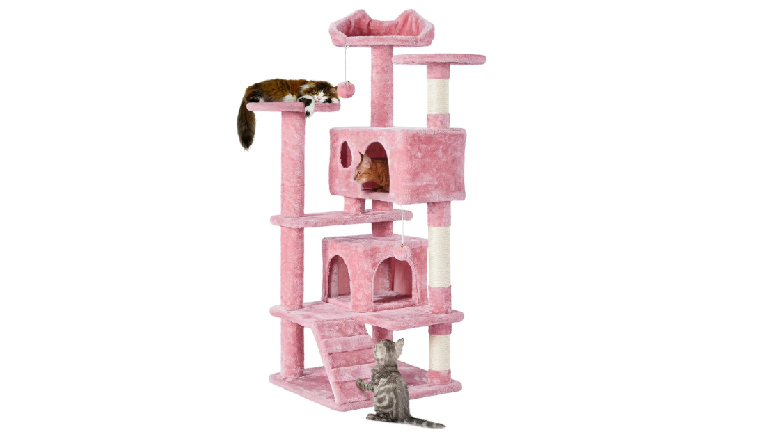 Yaheetech 54in Cat Tree Tower, Multi-Level Cat Tree for Indoor Cats with Scratching Posts, Dangling Balls Cat Play House, Pink 