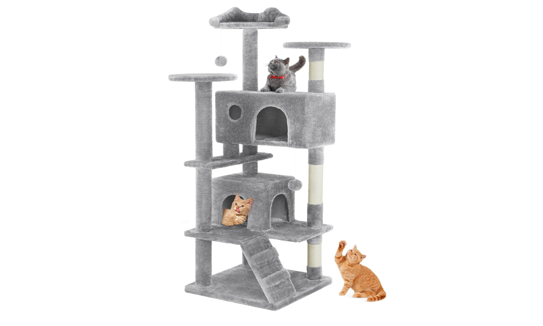 Sweetcrispy 54 Inch Cat Tree Tower, Multi-Level Tower with Cat Scratching Post, Indoor Cat Condo with Climbing Ladder, Plush Toy, Play House for Cat, Light Grey 
