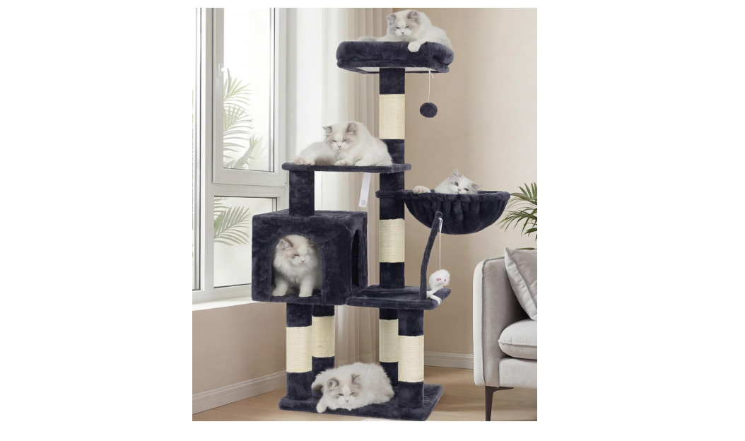 Heybly Cat Tree with Toy, Cat Tower Condo for Indoor Cats, Cat House with Padded Plush Perch, Cozy Hammock and Sisal Scratching Posts, Smoky Gray HCT004SG 