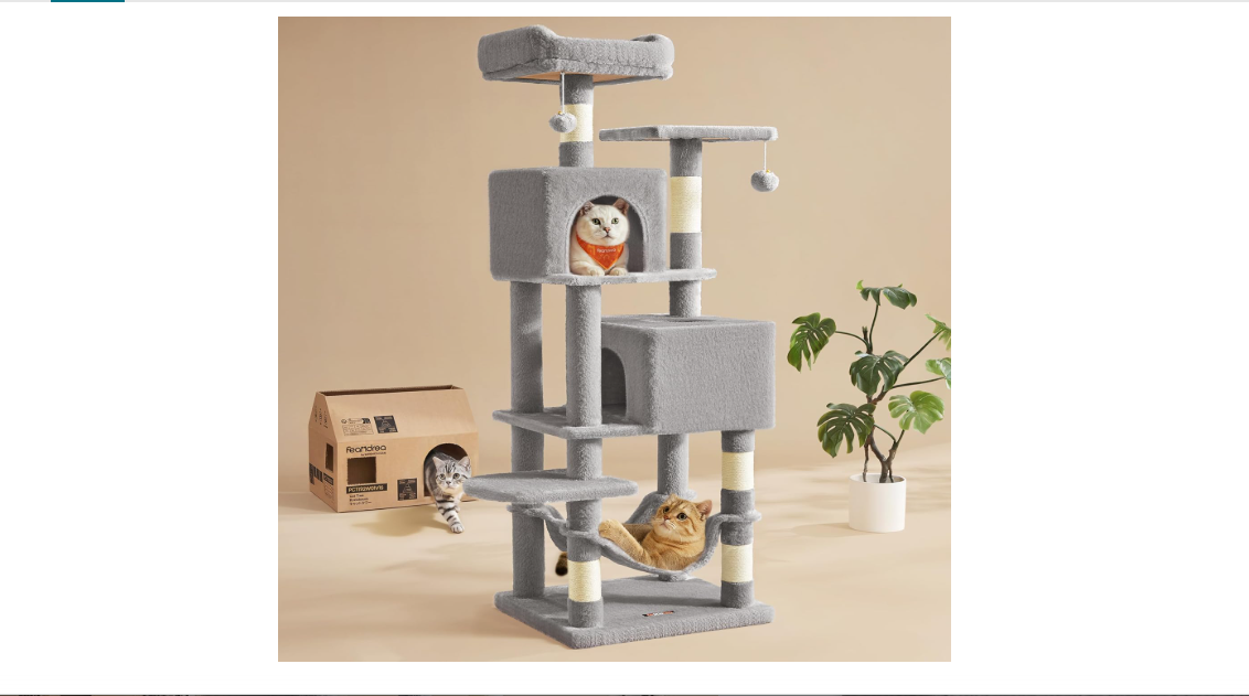 Feandrea Cat Tree, 59.5-Inch Tall Cat Tower, Plush Multi-Level Condo with 5 Scratching Posts, 2 Perches, 2 Caves, Hammock, 2 Pompoms, Light Gray UPCT192W01 