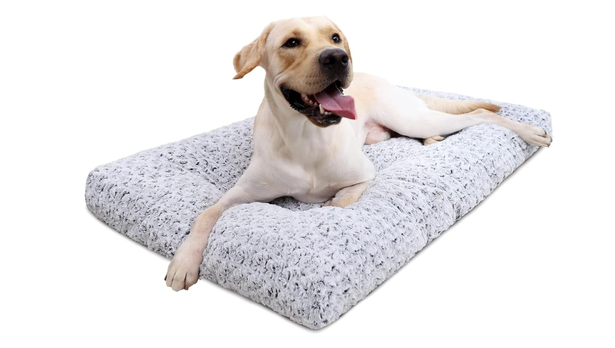 KSIIA Washable Dog Bed Deluxe Plush Dog Crate Pad Comfy Pet Bed Non-Slip Kennel Pad for Large Dogs, 36" x 27", Grey