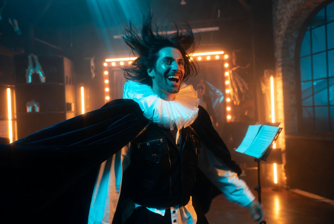 Hugo Hamlet as a multidisciplinary Renaissance performer blending theatre, music, and spiritual energy