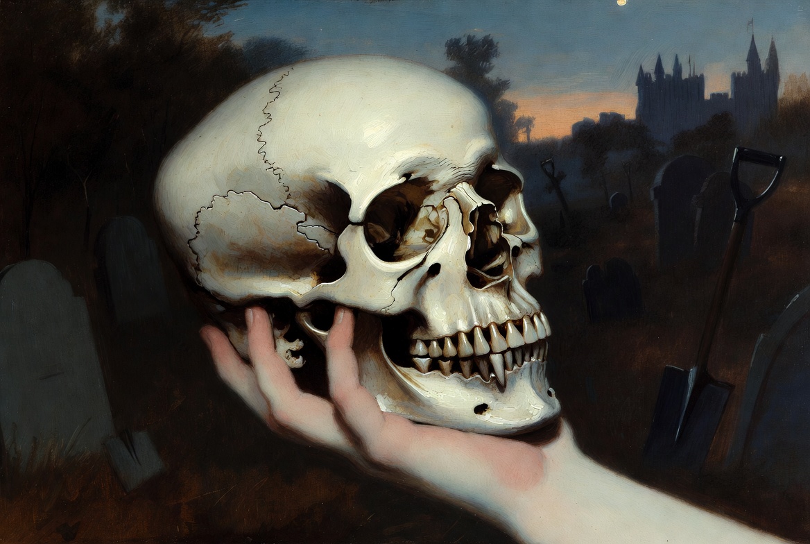 Yorick’s skull held by Hamlet in the graveyard scene symbolizing mortality in Shakespeare’s Hamlet
