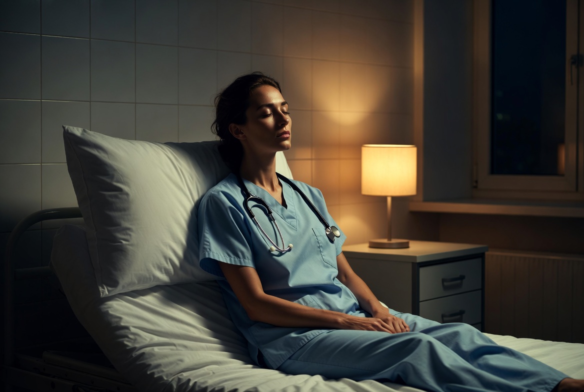 Modern nurse practicing self-care rest and healing burnout prevention