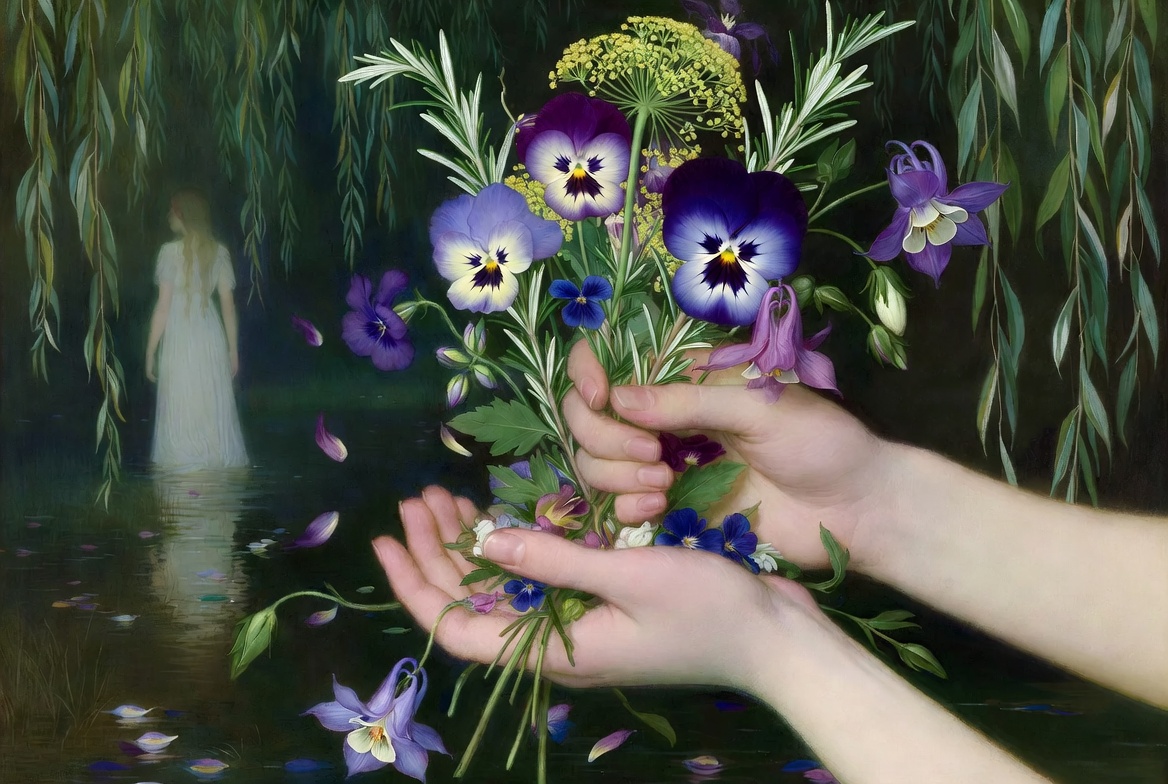 Ophelia distributing symbolic flowers in her mad scene from Shakespeare’s Hamlet literary analysis