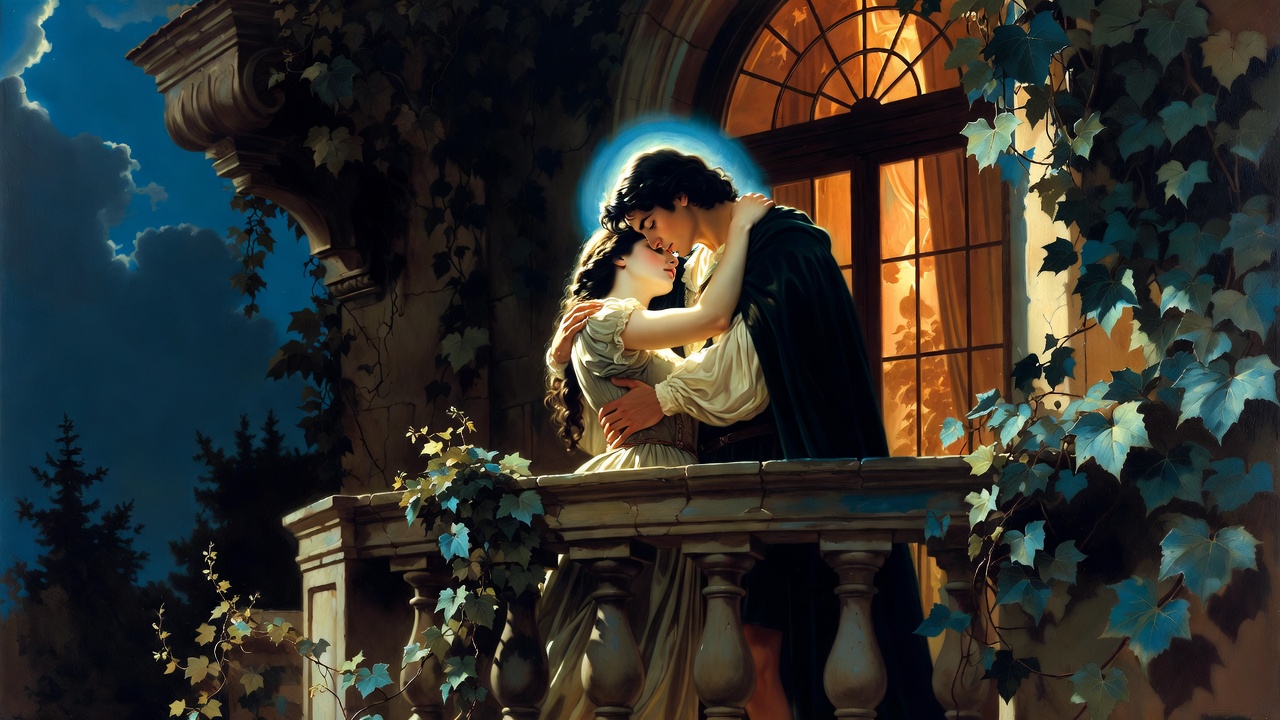 Artistic depiction of Shakespeare's Romeo and Juliet as star-crossed young lovers symbolizing teen romance and legal barriers