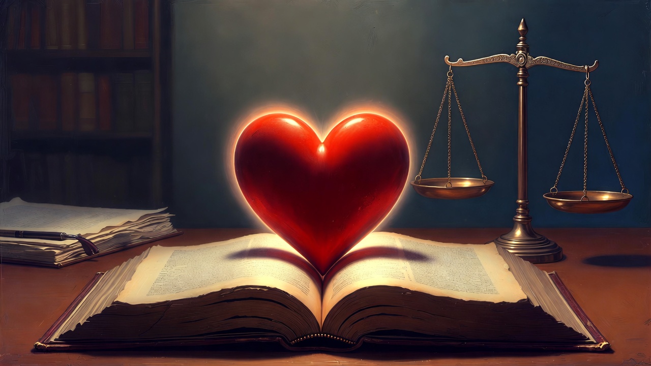 Symbolic image of heart on law book with scales of justice illustrating balance in Missouri Romeo and Juliet law exemptions