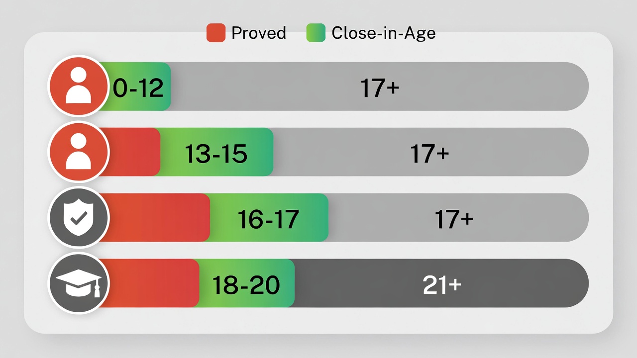 Visual diagram of Missouri close-in-age exemption rules and age of consent thresholds for teen relationships