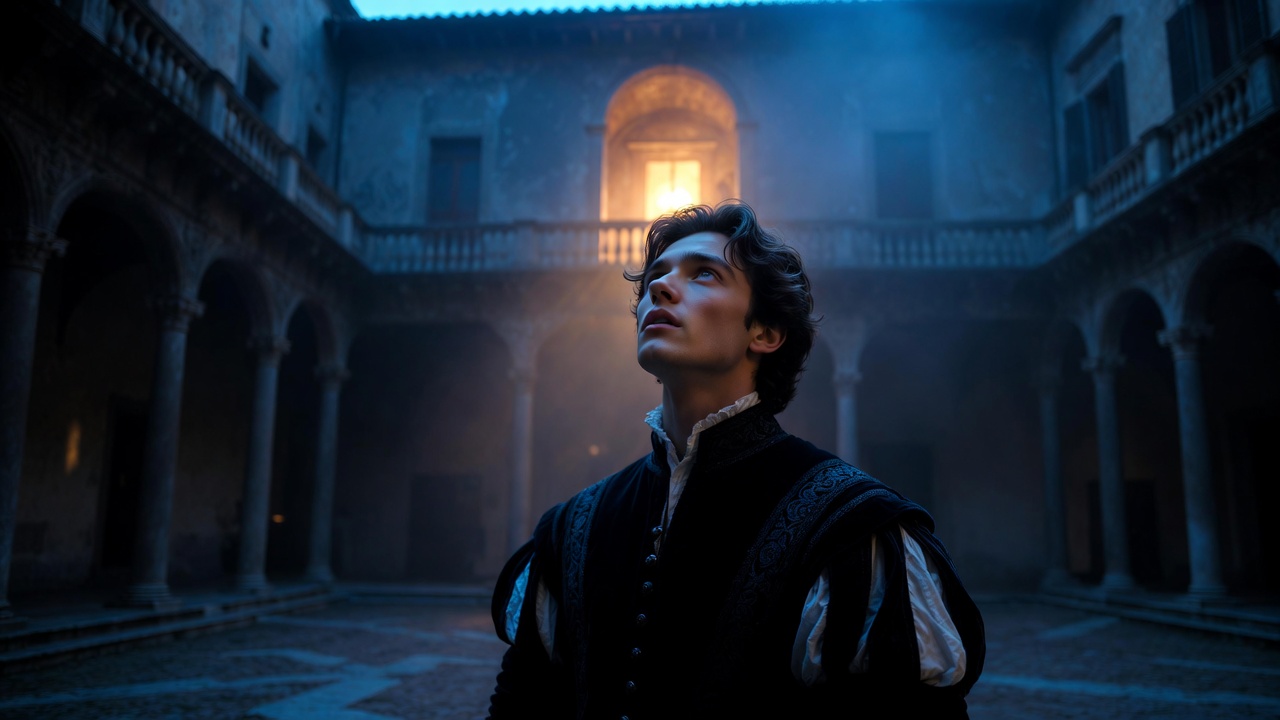 Romeo looking up at Juliet's balcony in moonlit Verona courtyard, Shakespeare Romeo and Juliet iconic scene