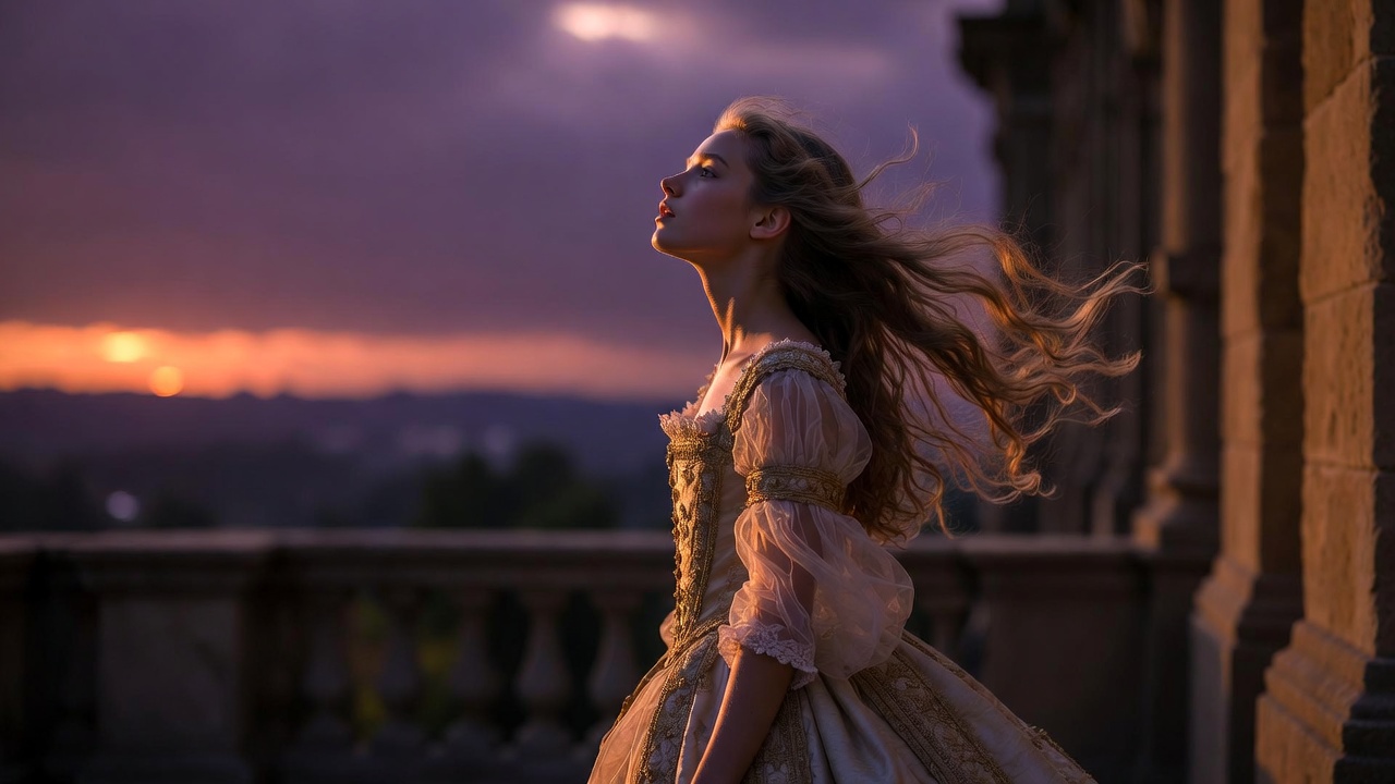 Juliet on balcony eagerly awaiting night and Romeo, passionate anticipation in Romeo and Juliet