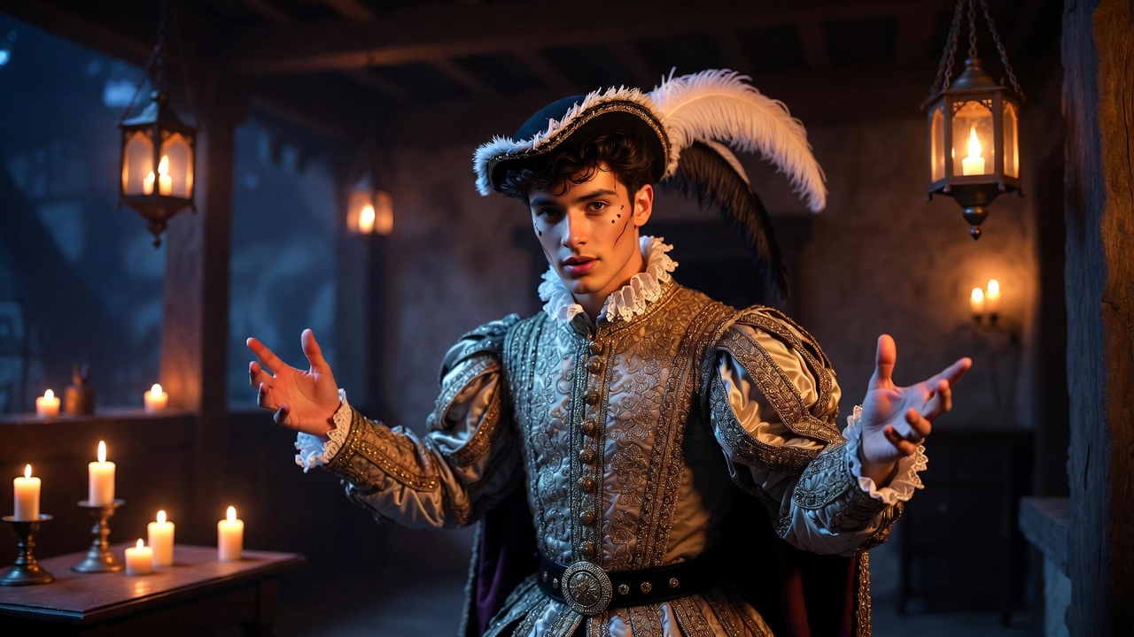 Mercutio passionately delivering Queen Mab speech in candlelit setting, Romeo and Juliet