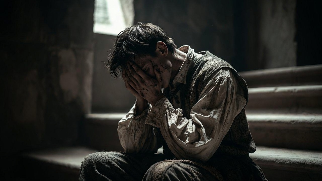 Romeo in deep despair after banishment, emotional collapse scene from Romeo and Juliet