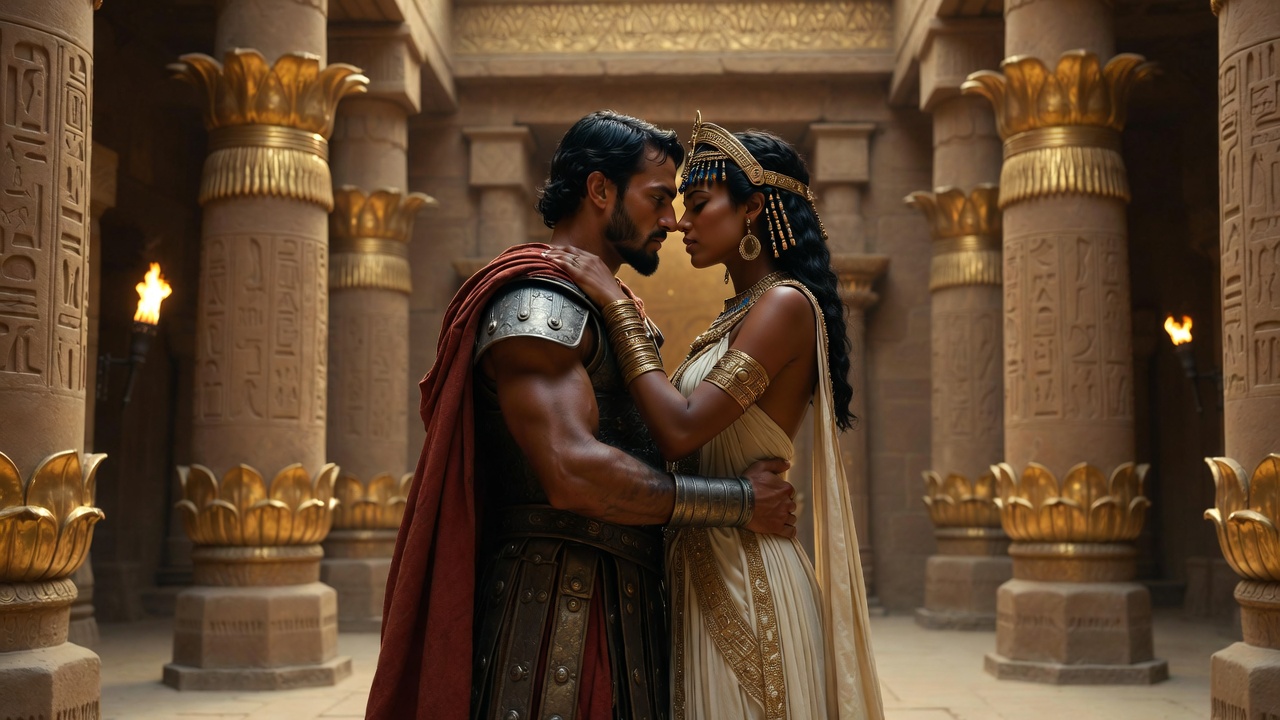 Mark Antony and Cleopatra in intimate embrace in Egyptian palace, illustrating passion in Act 1 Scene 1 of Shakespeare's Antony and Cleopatra