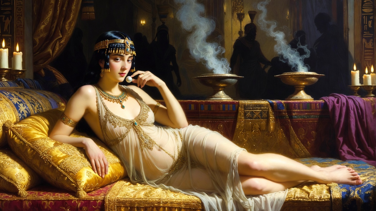 Cleopatra reclining with pearl in melancholy longing, capturing her solitude and devotion in Act 1 Scene 5 of Antony and Cleopatra