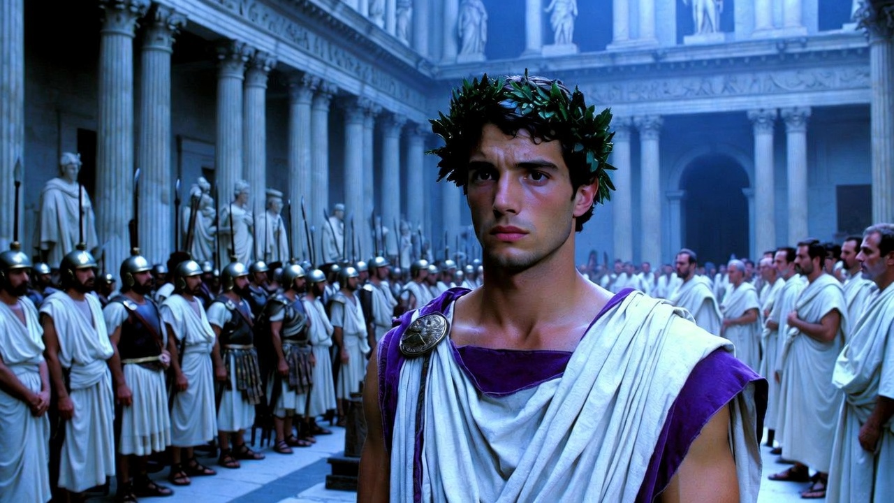 Octavius Caesar in commanding Roman setting, representing discipline and political ambition contrasting Egypt in Act 1 Scene 4