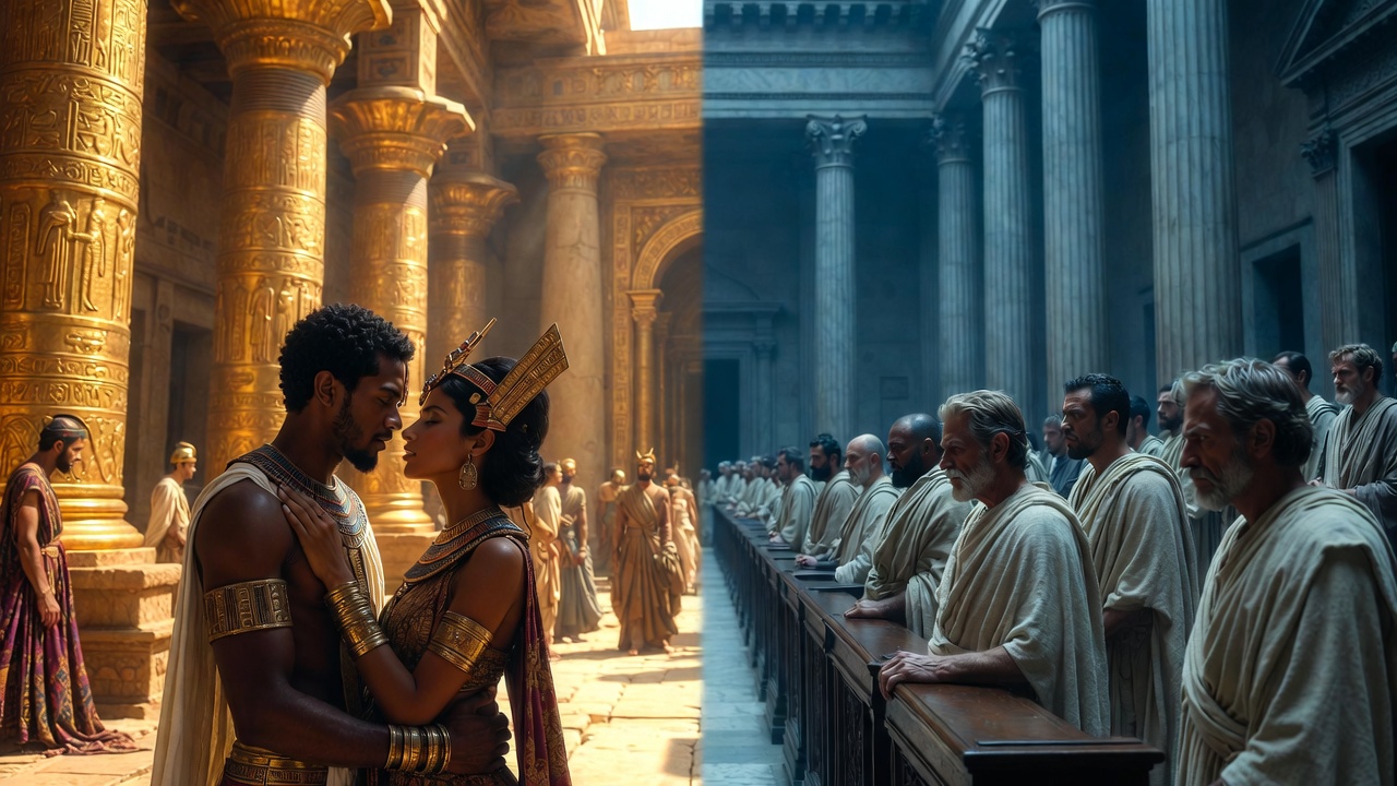 Symbolic contrast of Egypt's passion and Rome's duty in Antony and Cleopatra Act 1, highlighting central theme of passion versus duty