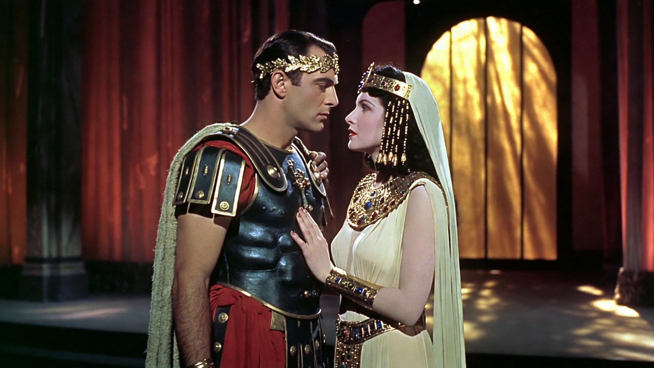 Laurence Olivier as Antony and Vivien Leigh as Cleopatra in the glamorous 1951 Broadway revival of Antony and Cleopatra, capturing real-life chemistry on stage.