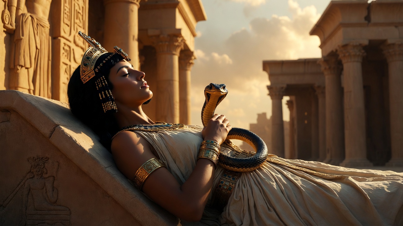 Dramatic monument scene from Antony and Cleopatra, Cleopatra's tragic suicide with the asp, timeless Shakespearean staging.