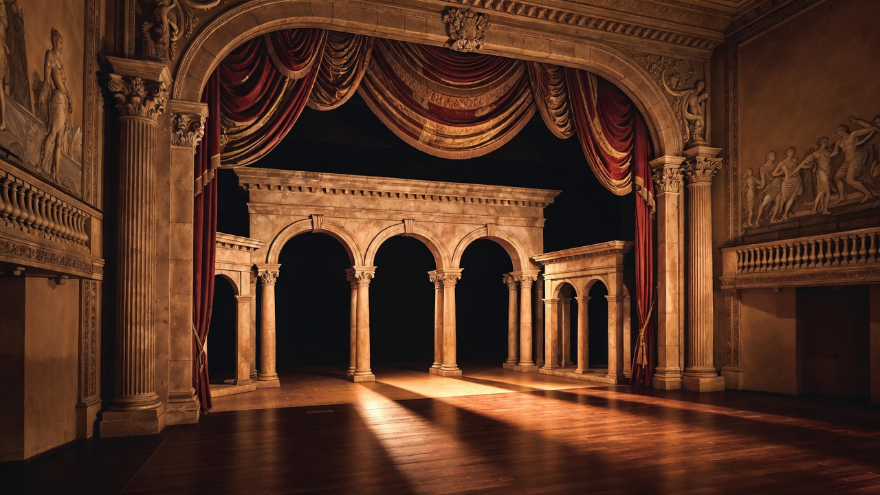 Vintage Broadway stage design for Antony and Cleopatra, blending Roman and Egyptian elements in grand theatrical style.