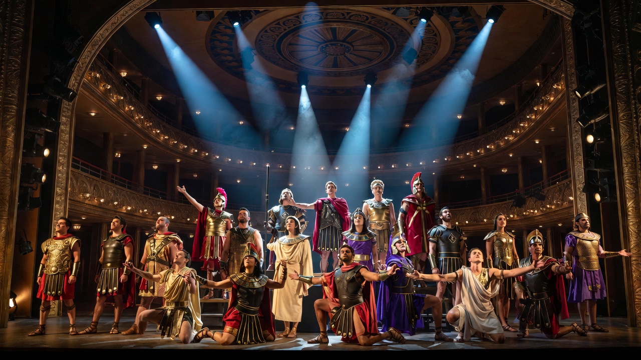 Full cast ensemble on Broadway stage in Antony and Cleopatra, showcasing timeless Shakespearean drama and iconic production energy.