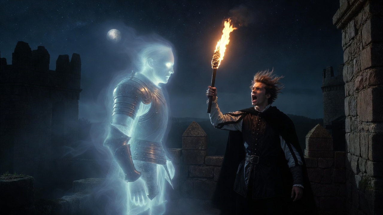 Dramatic confrontation between Hamlet and the Ghost on Elsinore battlements at night, capturing the moment of "I find thee apt" revelation