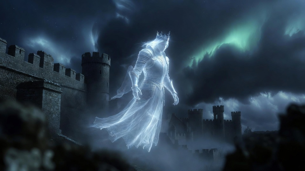 Ghost of King Hamlet in armor appearing on the battlements, symbolizing supernatural command and readiness in Shakespeare's tragedy