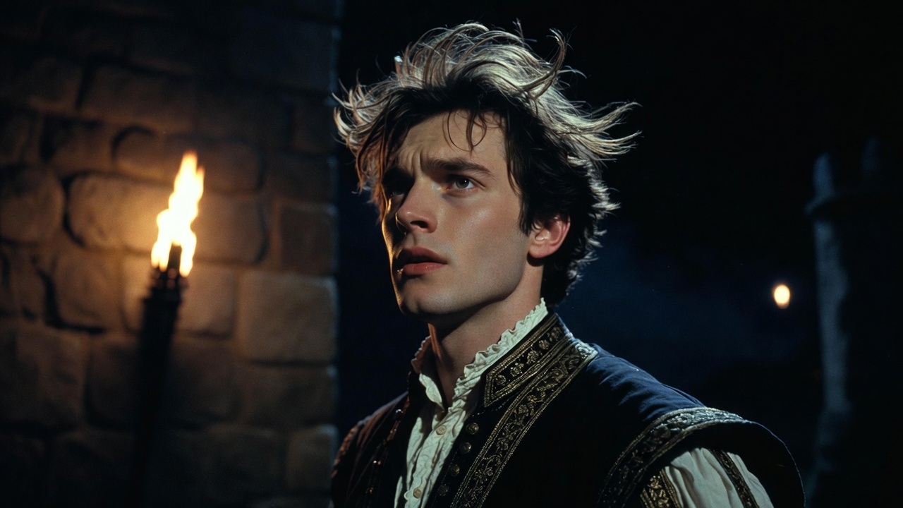 Hamlet in deep thought on Elsinore battlements, illustrating the tragic irony between declared readiness and eventual delay