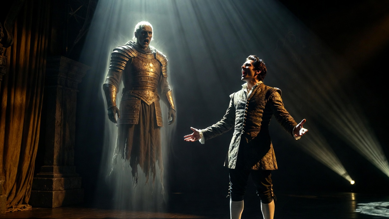 Stage performance of Hamlet encountering the Ghost, showing dramatic interpretation of the "I find thee apt" exchange