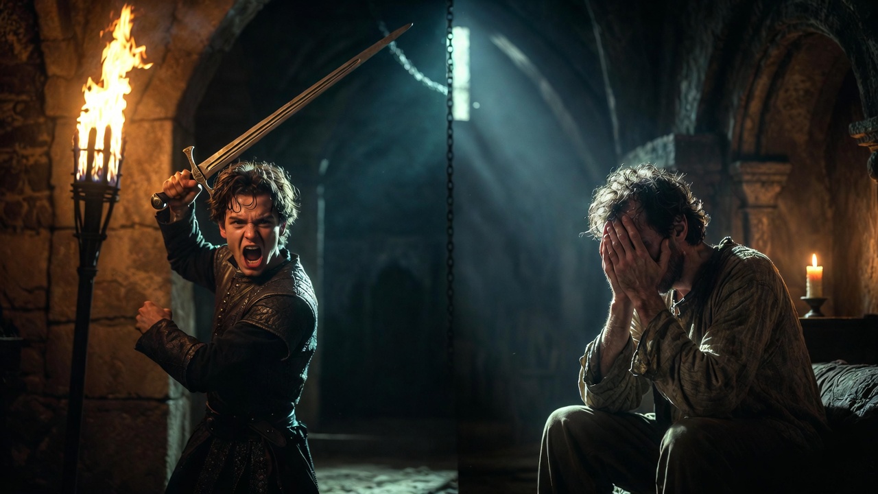 Symbolic contrast of Hamlet's initial readiness for revenge and later paralyzing doubt in Shakespeare's Hamlet