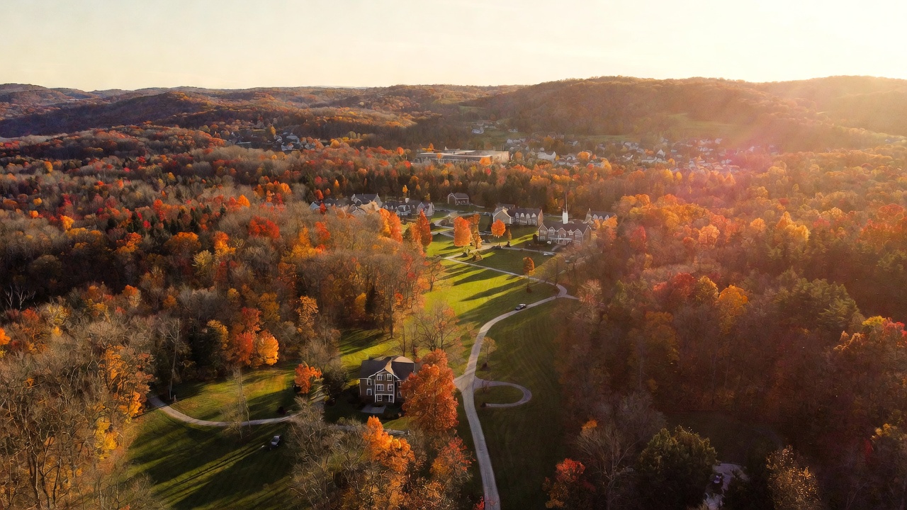 Aerial view of Hamlet at Chagrin Falls senior living community in autumn Ohio woodlands