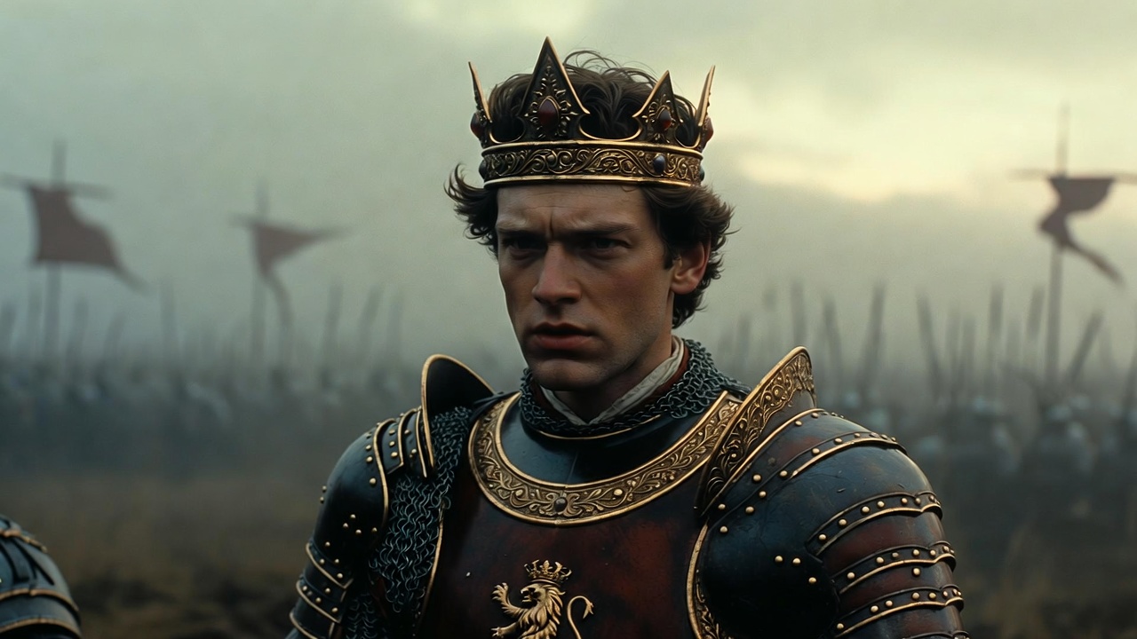King Henry V in royal armor leading with determination in Shakespeare's historical play