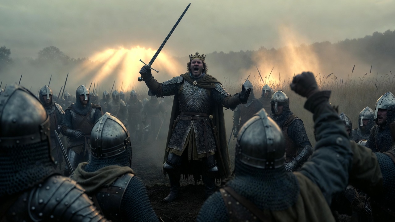 Henry V delivering St. Crispin's Day speech to inspire English army in Shakespeare's Henry V