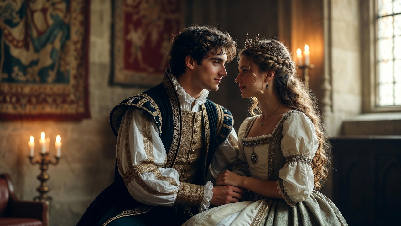 King Henry V charmingly wooing Princess Katherine in Shakespeare's Henry V peace scene