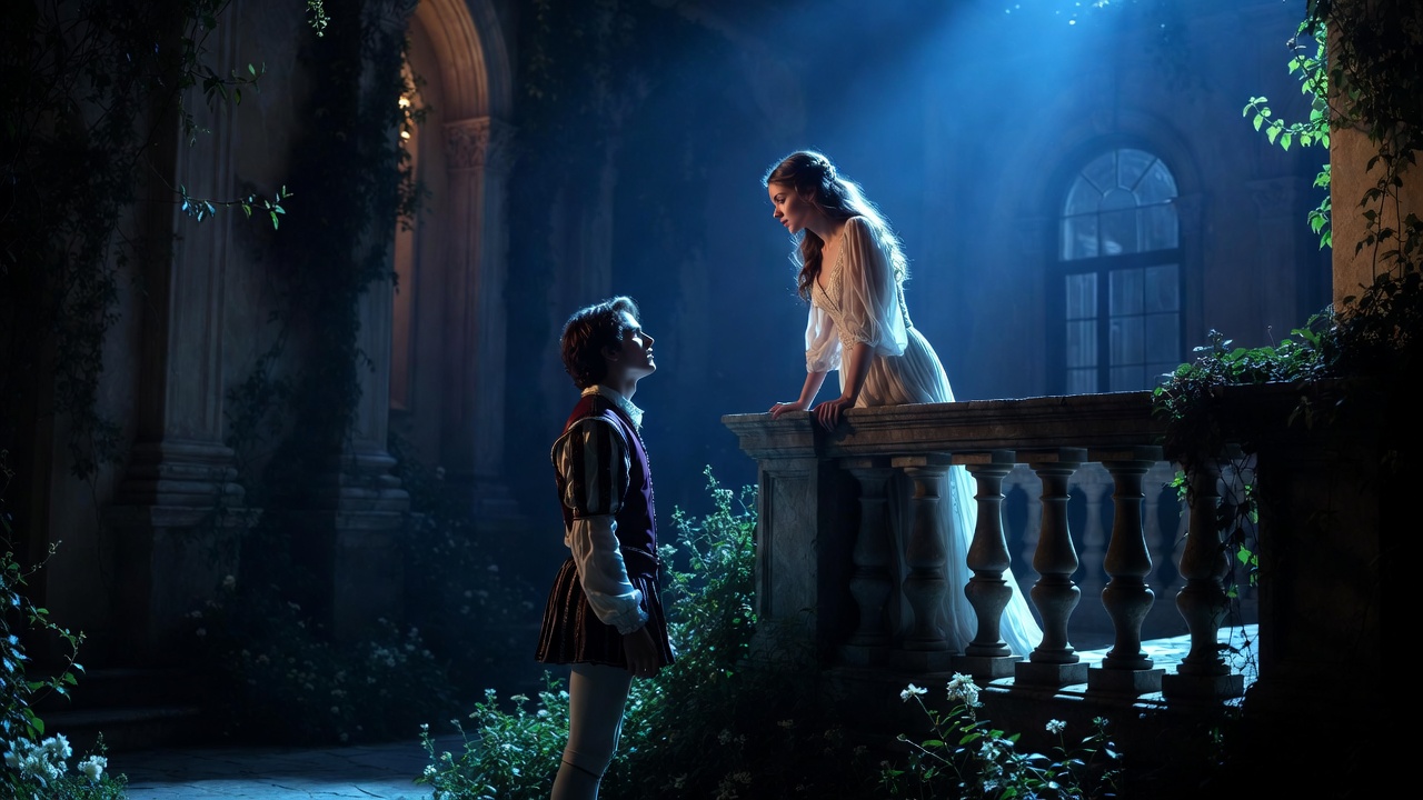 Romeo gazing up at Juliet on the balcony in moonlit Verona, iconic romantic soliloquy scene from Shakespeare's Romeo and Juliet
