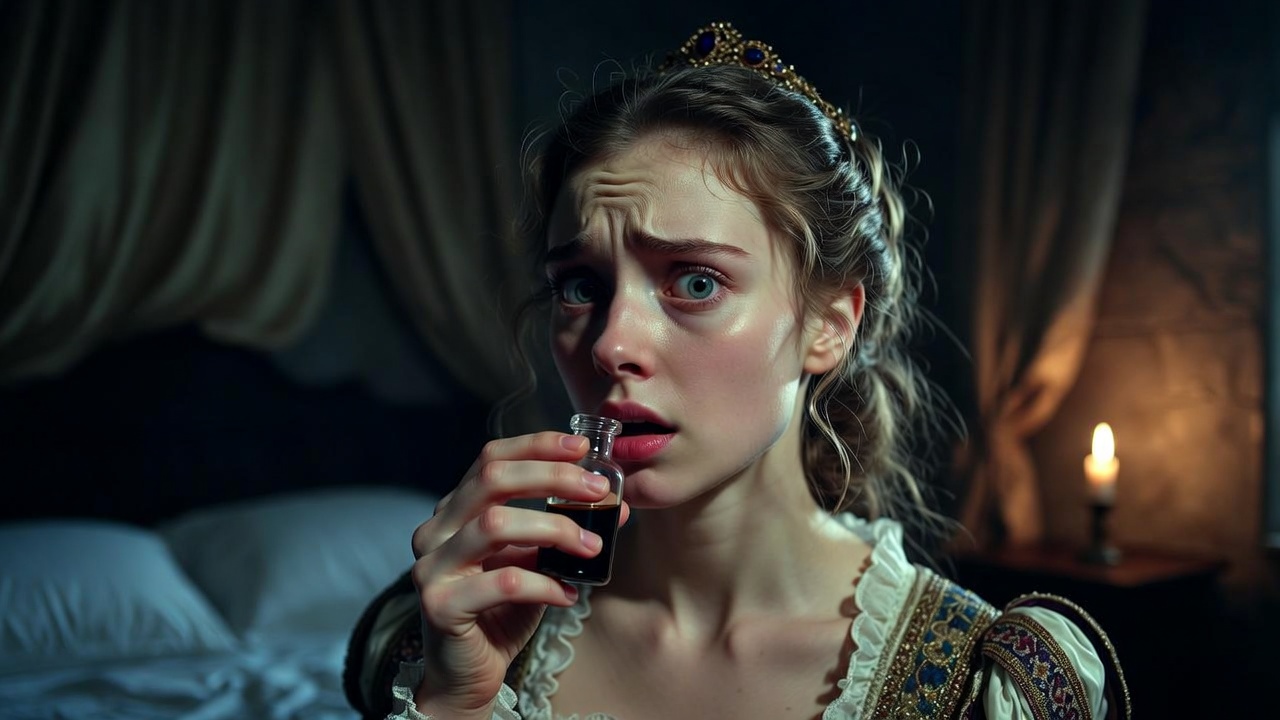 Juliet alone with the sleeping potion, terrified expression before drinking in her haunting soliloquy from Romeo and Juliet