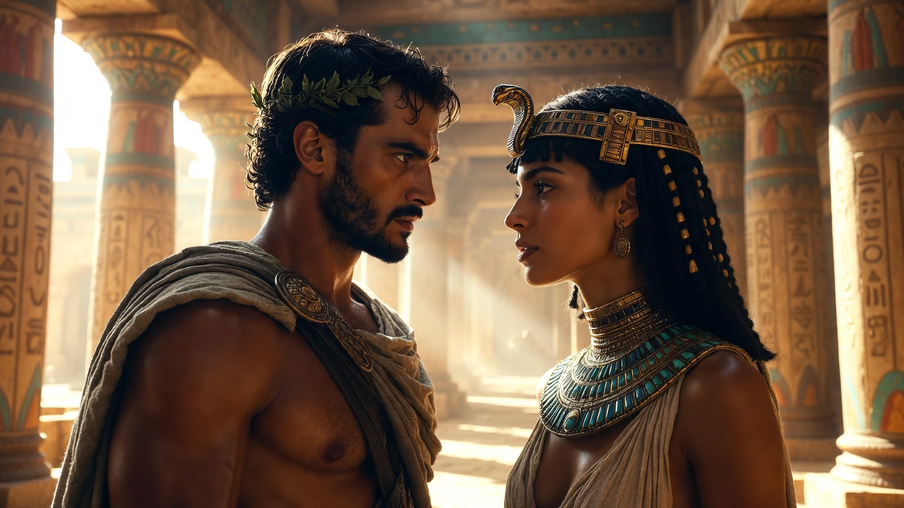 Mark Antony and Cleopatra in passionate embrace inside luxurious ancient Egyptian palace – Act 1 Scene 1