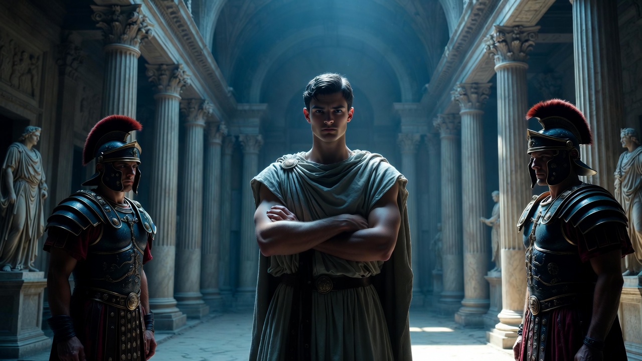 Octavius Caesar in stern Roman council hall with officers – contrasting Rome’s discipline in Antony and Cleopatra Act 1