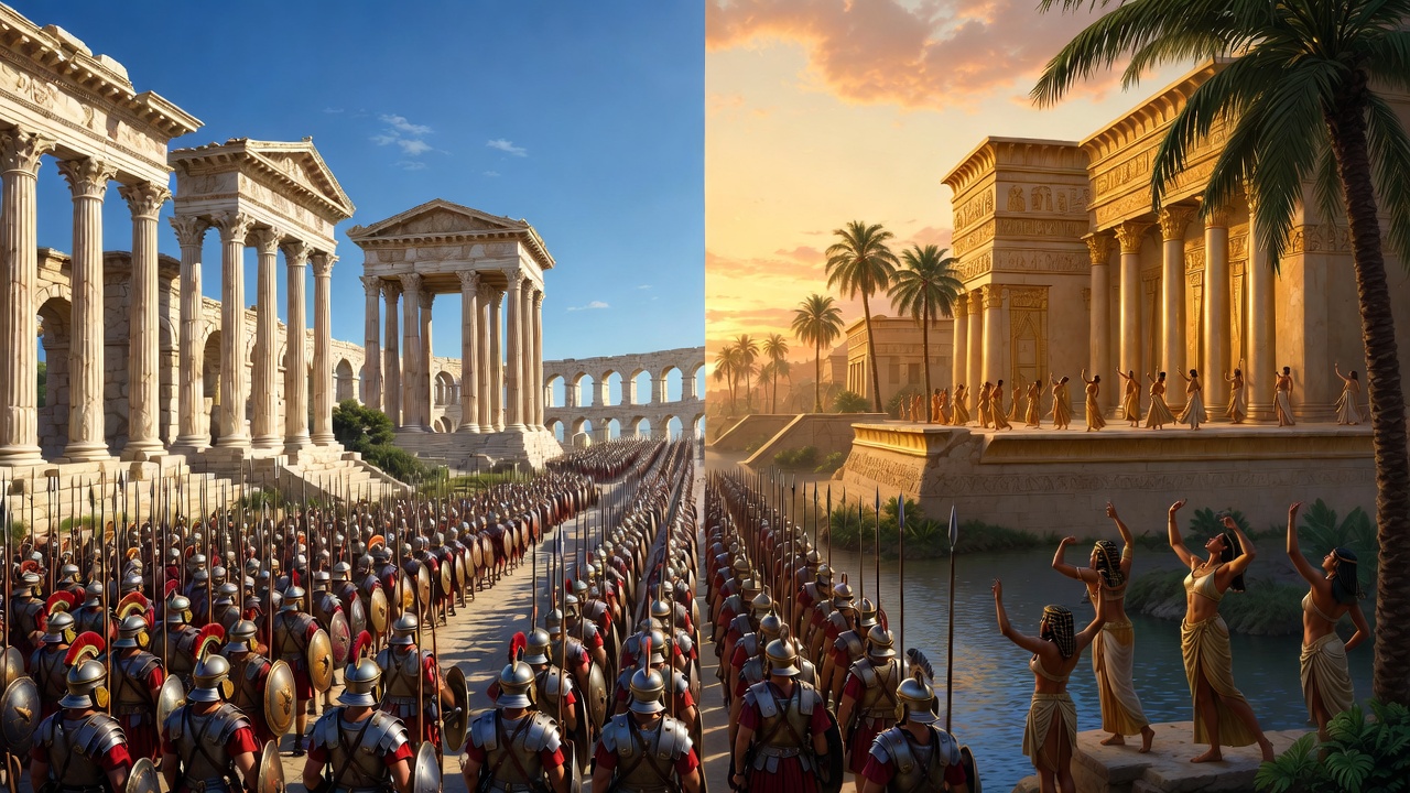 Symbolic contrast of disciplined Rome and sensual Egypt in Antony and Cleopatra – central theme of duty vs passion