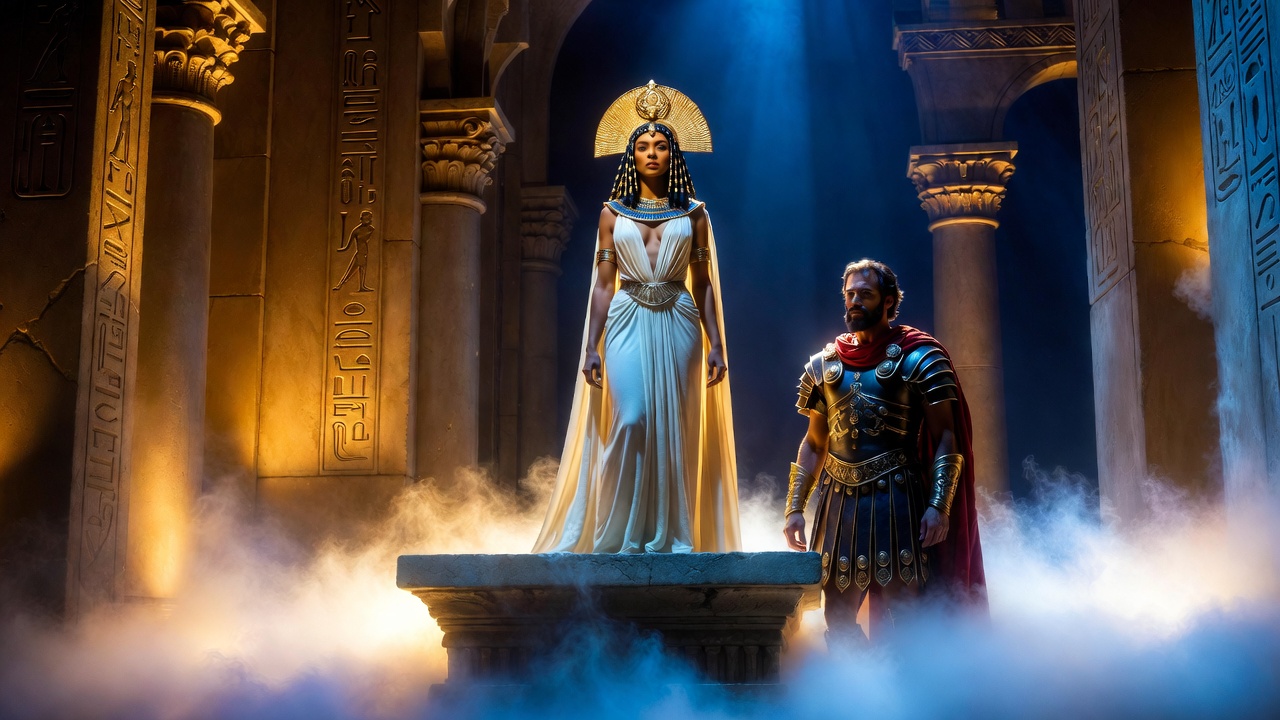 Dramatic stage portrayal of Cleopatra and Mark Antony in Shakespeare's Antony and Cleopatra tragedy, highlighting epic romance and power
