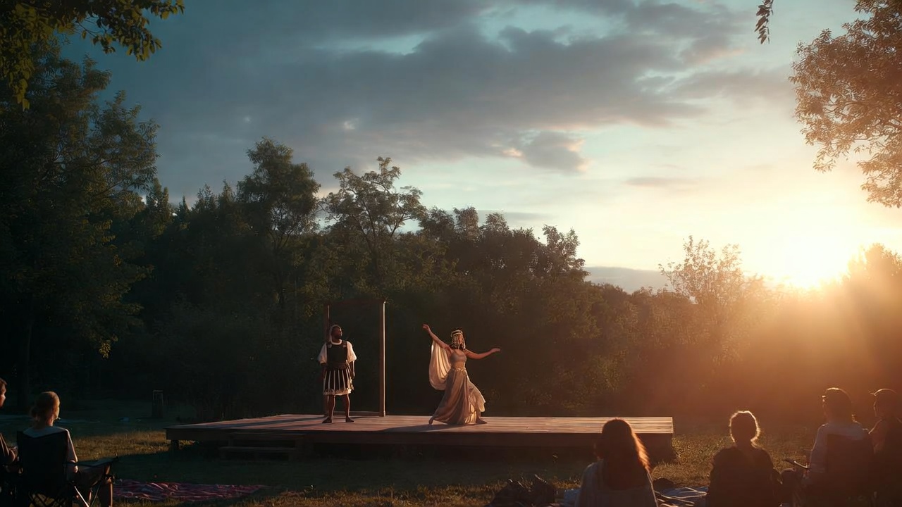 Free outdoor Shakespeare in the Park production of Antony and Cleopatra, actors performing under sunset sky for public audience