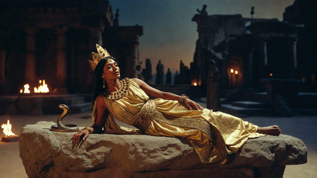 Cleopatra's dramatic death scene from Shakespeare's Antony and Cleopatra, regal and tragic pose with asp in theater production