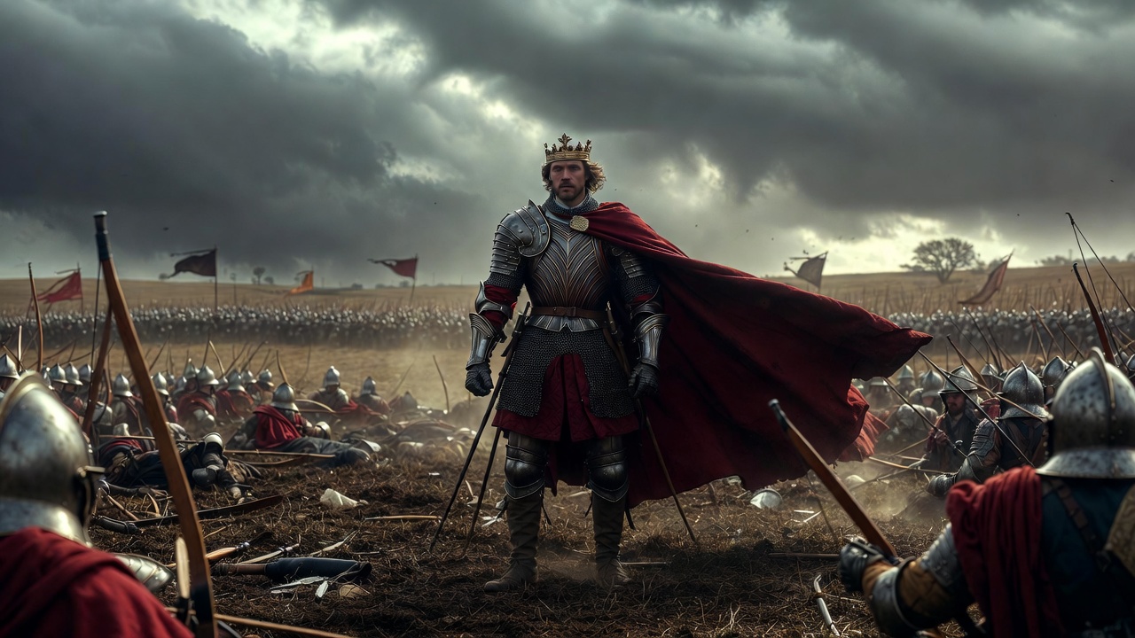 King Henry V rallying troops at the Battle of Agincourt in Shakespeare's Henry the Fifth, epic medieval battlefield leadership scene