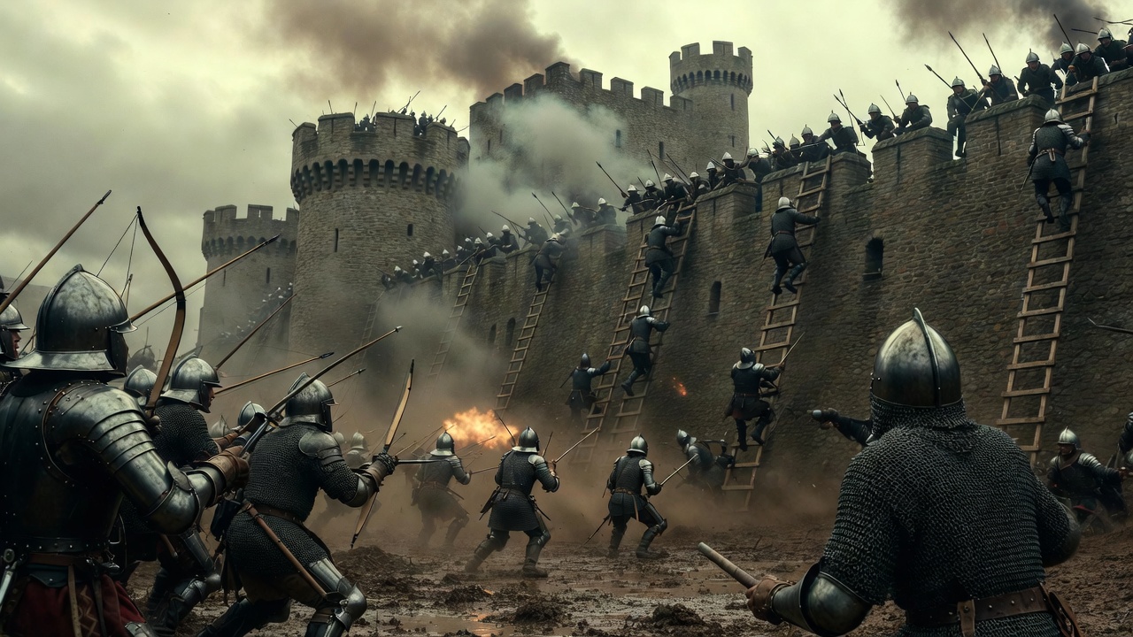 English army besieging Harfleur in Henry V play, dramatic medieval siege and breach scene from Shakespeare's history