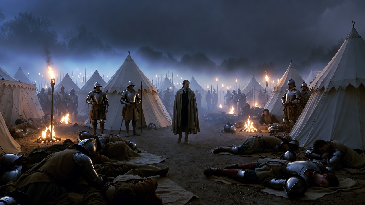 Henry V disguised among soldiers the night before Agincourt, reflective leadership moment in Shakespeare's Henry the Fifth