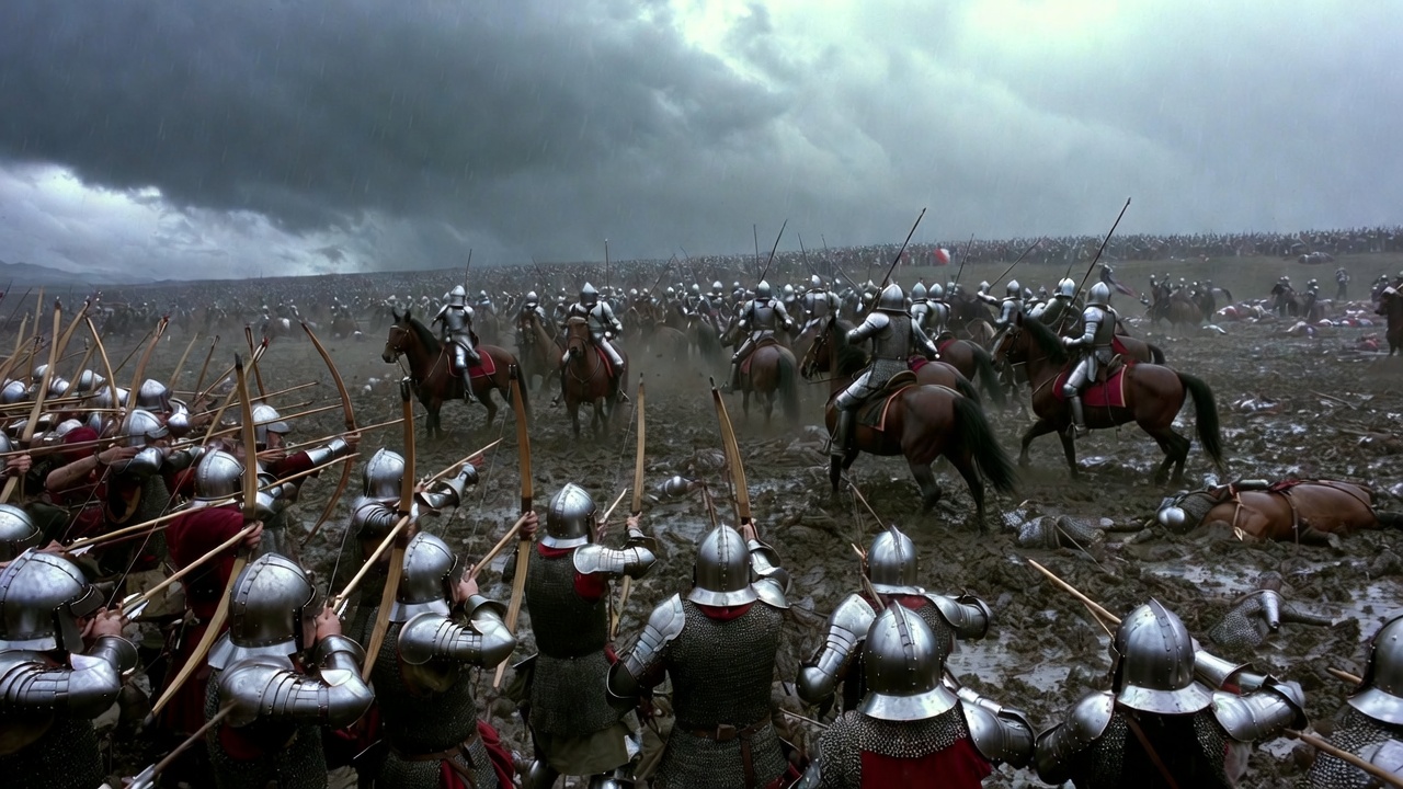 Battle of Agincourt longbow victory in Henry V, muddy field clash between English and French forces in Shakespeare's play