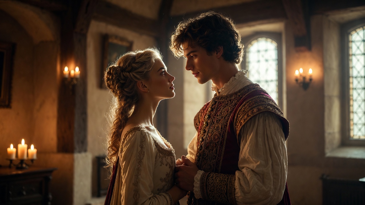 King Henry V wooing Princess Katherine in Shakespeare's Henry the Fifth, charming medieval courtship and peace treaty scene